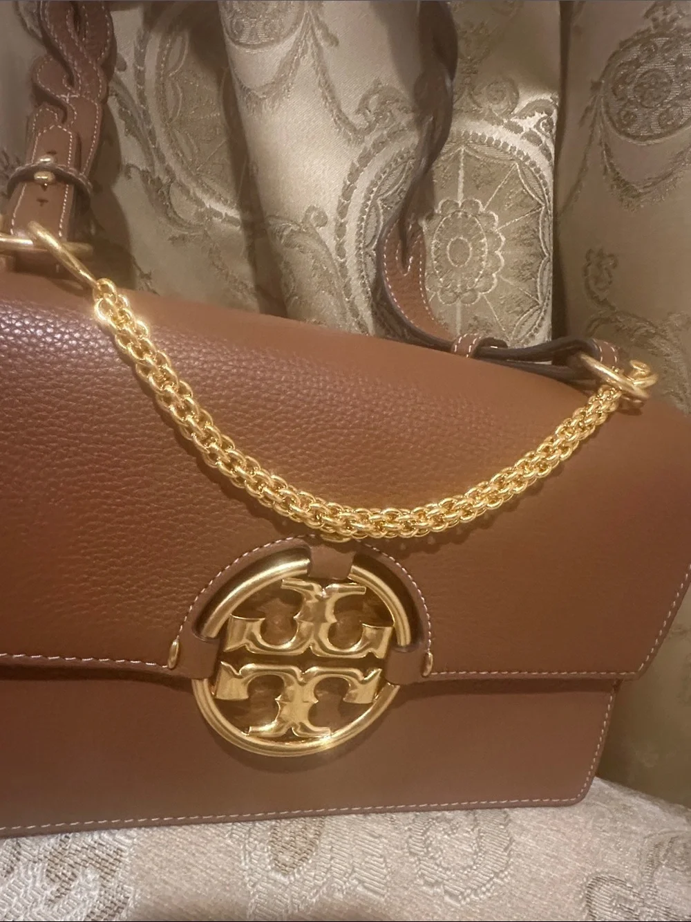 Tory Burch Brown Leather Shoulder Bag with Gold Chain Emblem